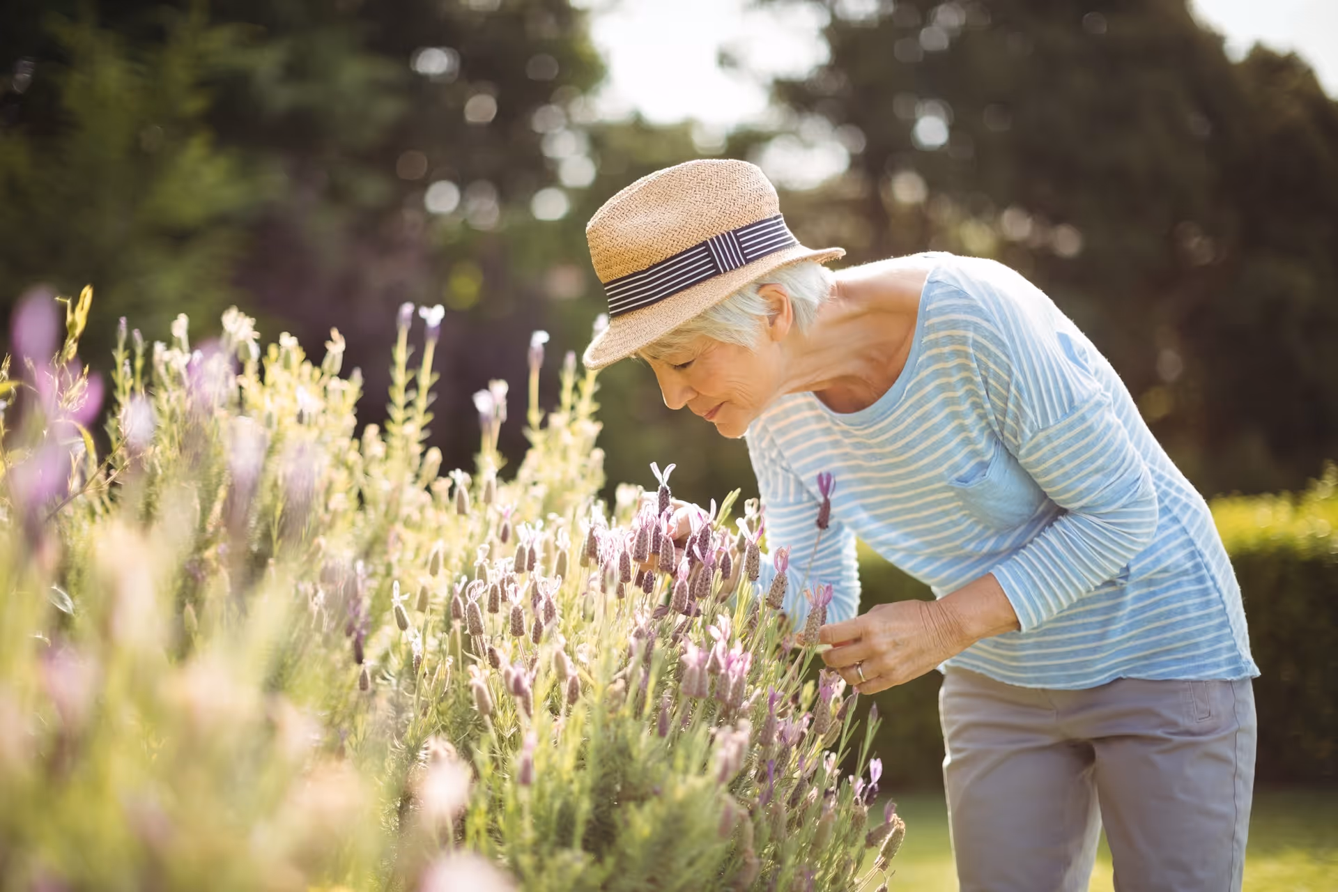 An older woman in a straw hat leans to smell purple flowers in a sunny garden.