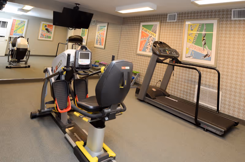 A small fitness room with exercise equipment including a recumbent bike and a treadmill. The room has patterned wallpaper, framed colorful posters on the walls, a large mirror on one side, and a wall-mounted TV above the bike.