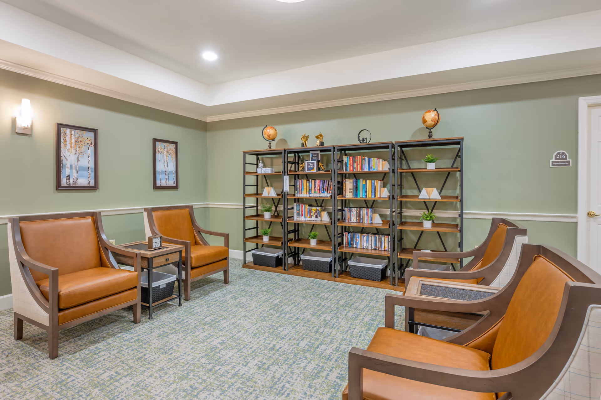A cozy sitting area with four brown leather armchairs arranged around two small wooden side tables. Behind the chairs are three black metal and wood bookshelves filled with books, decorative items, and small potted plants. The walls are painted light green with white trim, and two framed pictures of birch trees hang on the left wall. The carpet has a green and beige pattern, and a door with the number 216 is visible on the right side.