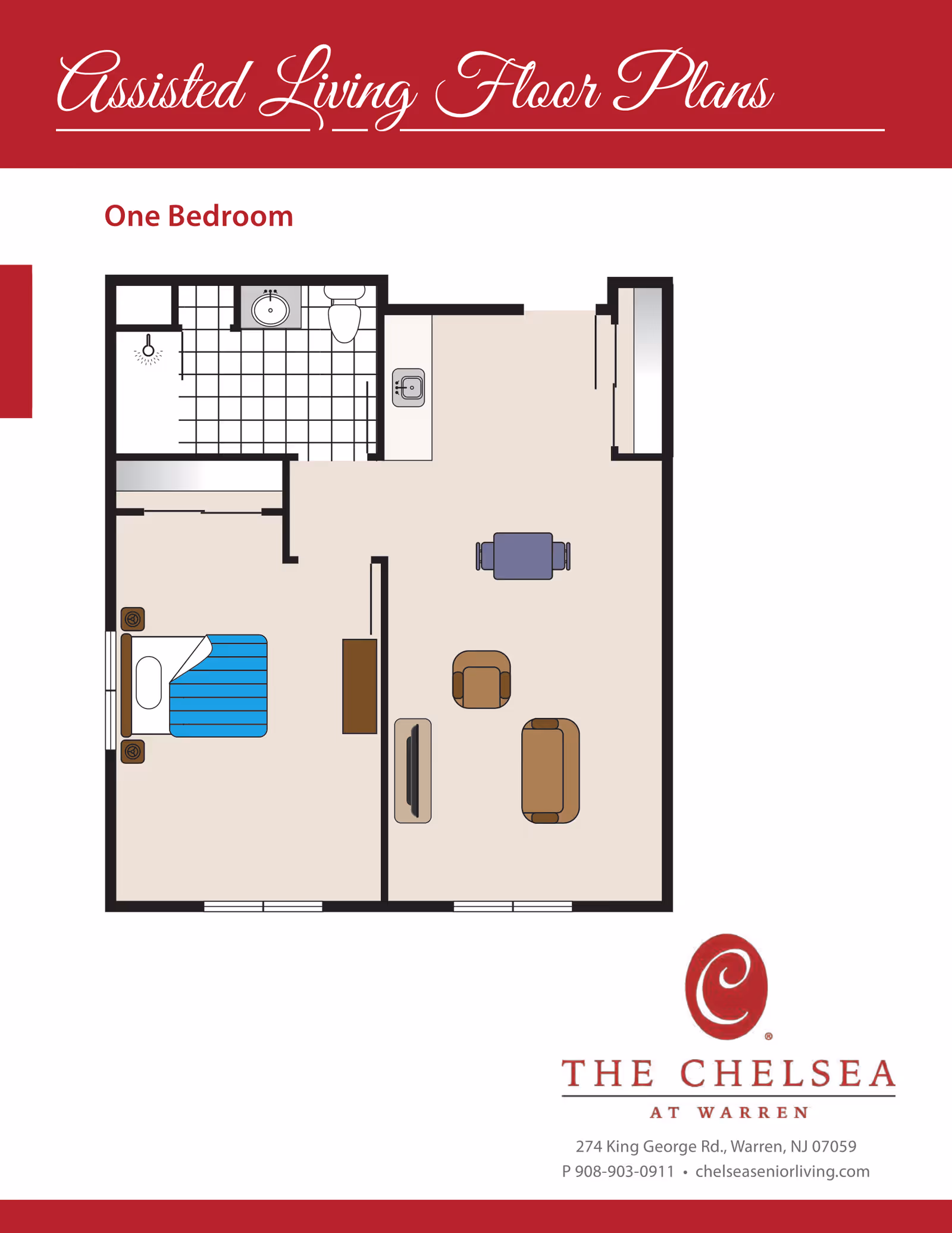 Floor plan of a one-bedroom assisted living apartment showing a bedroom with a bed and nightstands, a bathroom with a shower, sink, and toilet, and a living area with a sofa, armchair, coffee table, and TV. The kitchen area includes a sink and counter space.
