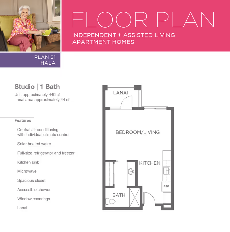 Promotional floor-plan graphic for a studio 1-bath apartment showing a features list, a faint unit layout, and a photo of an elderly woman seated on a porch.
