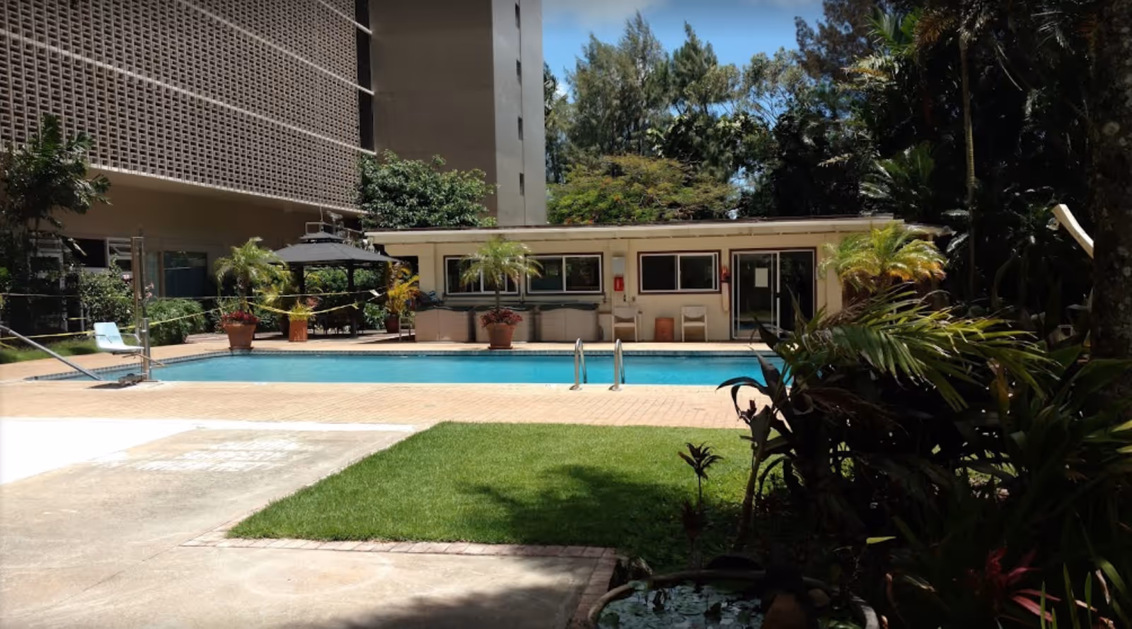 Outdoor swimming pool area with a small building in the background, surrounded by potted plants and greenery, with a grassy lawn and trees nearby under a clear sky.