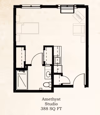 Black-and-white floor plan labeled "Amethyst Studio 388 SQ FT" showing a studio layout with a combined living/sleeping area, kitchenette, bathroom, and entry.