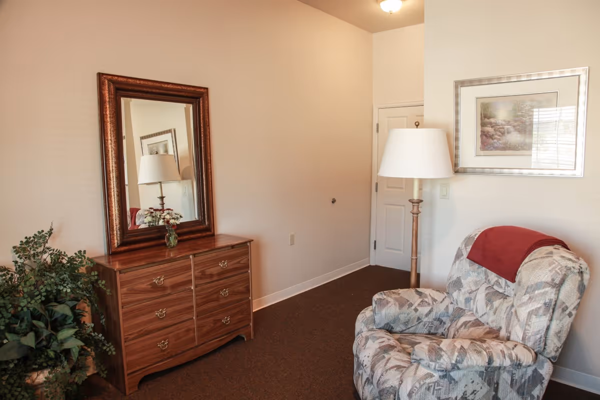 A cozy corner of a room featuring a patterned armchair with a red throw draped over the back, a wooden dresser with a large framed mirror on top, a floor lamp, a framed picture on the wall, and a potted plant beside the dresser.