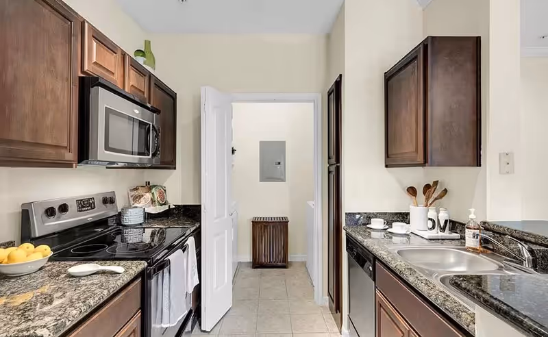 A modern kitchen with dark wood cabinets, granite countertops, a stainless steel microwave, stove, and dishwasher. There is a bowl of lemons on the counter, a white door leading to another room, and various kitchen utensils and decor on the counters.