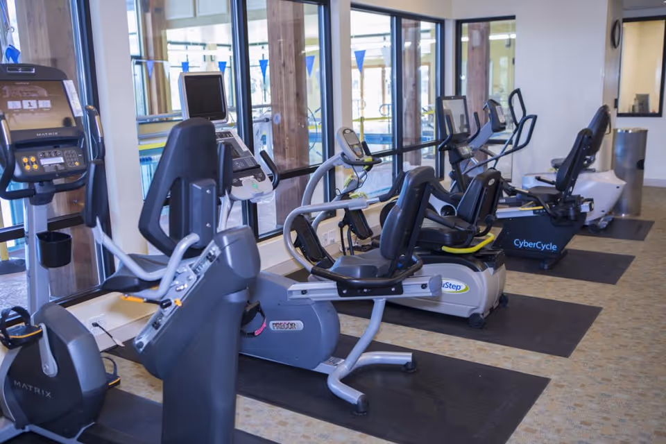 Interior view of a fitness room with several stationary exercise bikes lined up on black mats in front of large windows.
