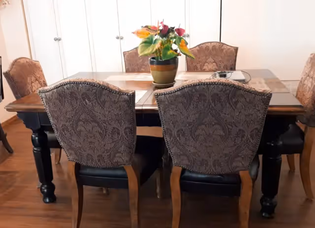 Wooden dining table with six patterned upholstered chairs and a potted plant centerpiece in a dining room.