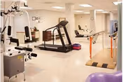 Bright indoor exercise/physical therapy room with a treadmill, strength machines, parallel walking bars, mats and exercise balls.