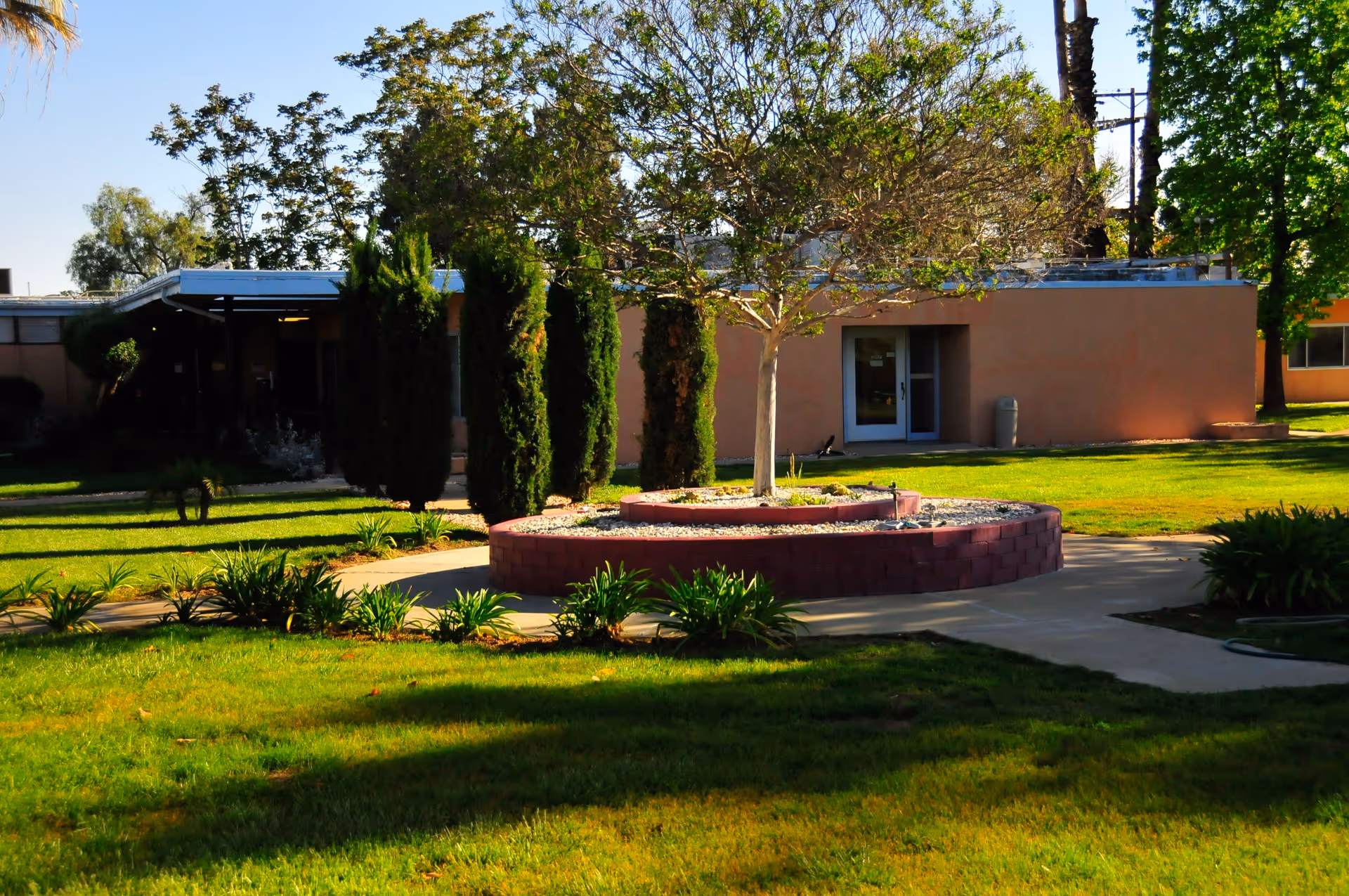 Low-rise building entrance with a circular raised planter and tree in a grassy courtyard.