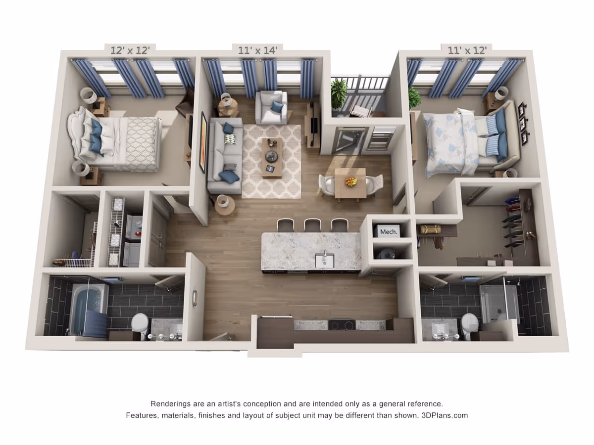 3D floor plan of a two-bedroom apartment featuring a living room with sofa and armchair, a dining area with table and chairs, a kitchen with island and bar stools, two bedrooms with beds and nightstands, two bathrooms with shower and bathtub, closets, and a small balcony.