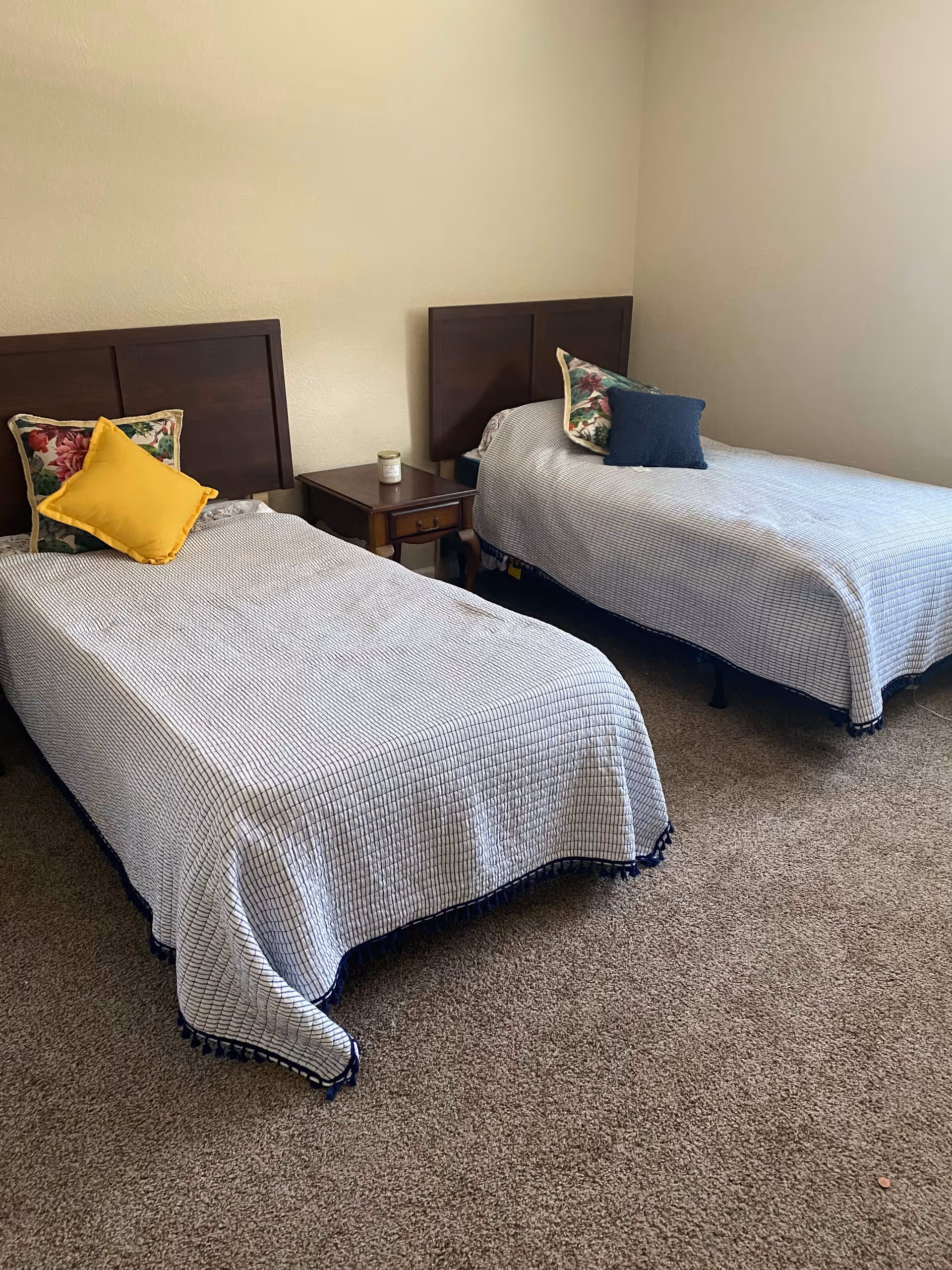 Two twin beds with headboards and decorative pillows flanking a small nightstand in a carpeted bedroom.