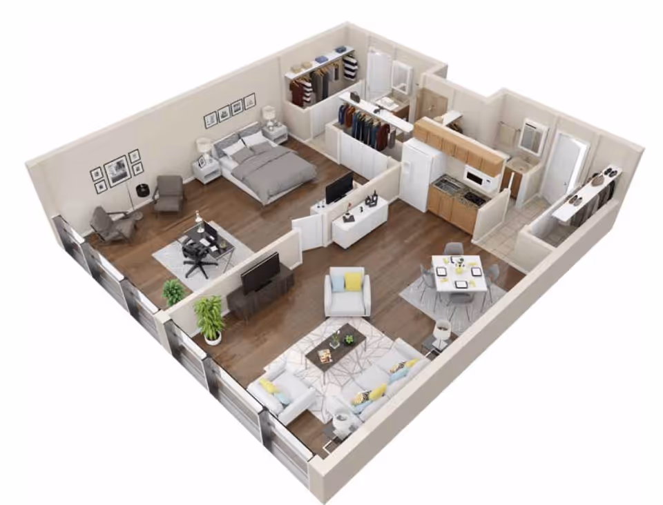 3D rendered open-concept one-bedroom apartment floor plan with a bedroom, living area, dining nook, kitchen, and bathroom.