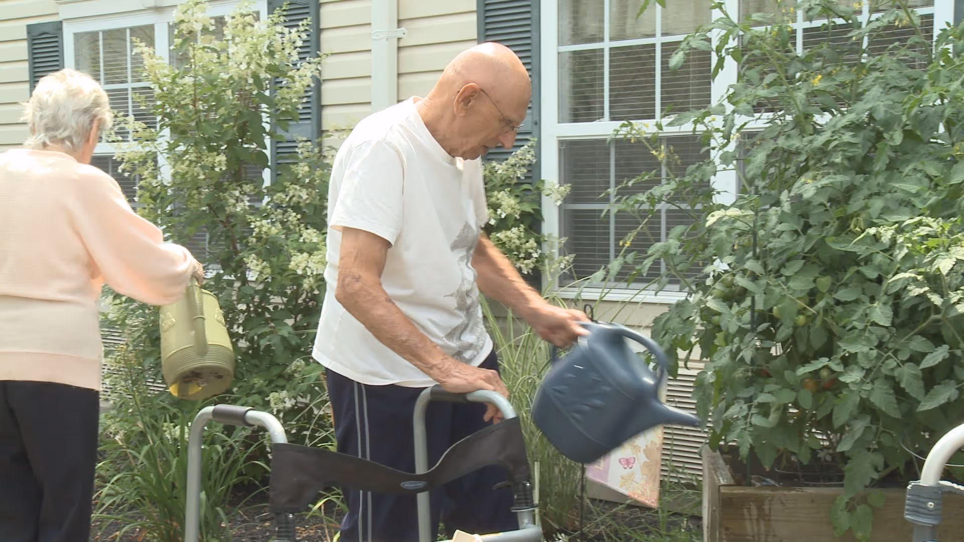 An elderly man and woman watering plants in a garden outside a building with beige siding and windows. The man is using a blue watering can while holding onto a walker, and the woman is holding a green watering can.