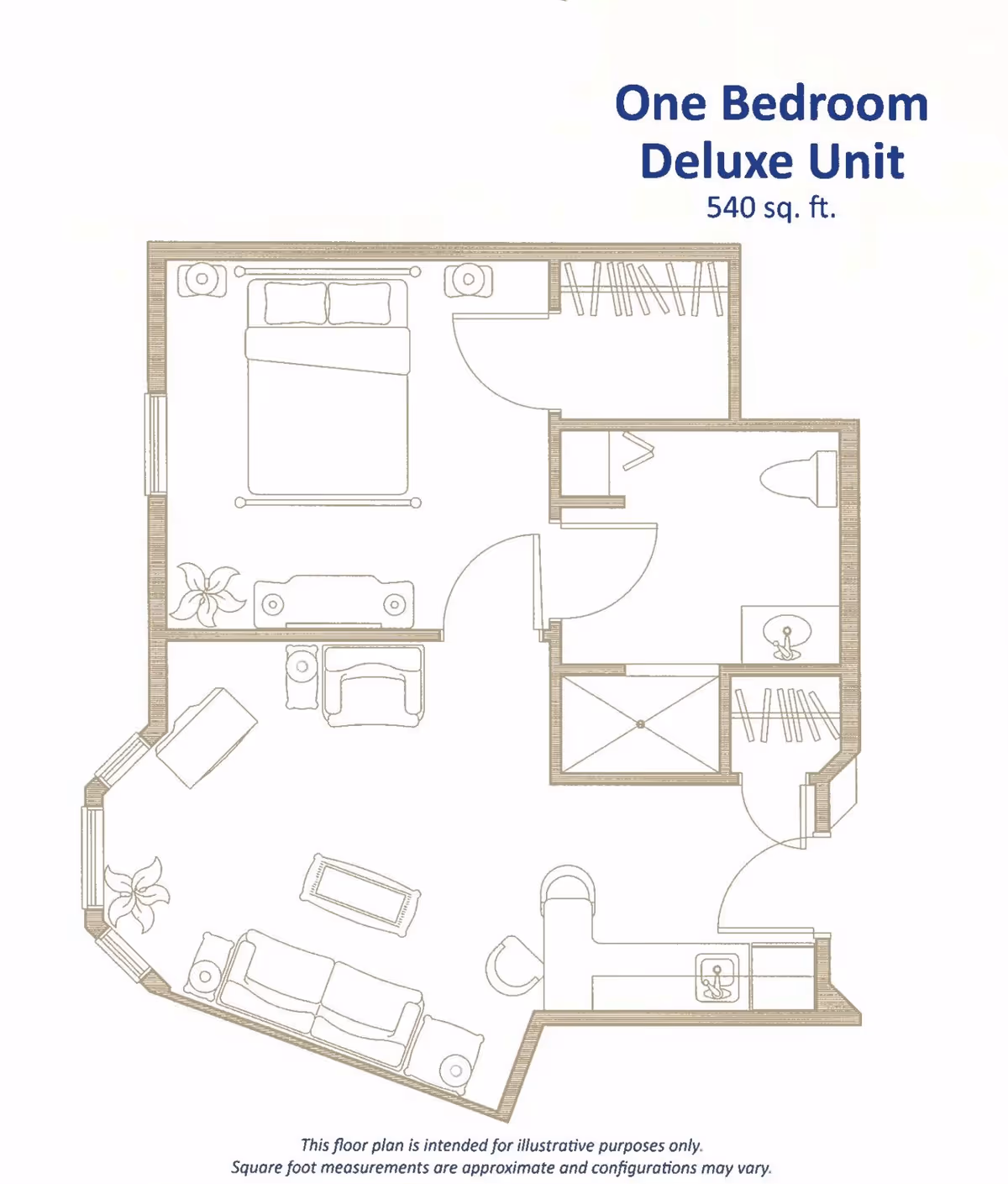 Floor plan of a one bedroom deluxe unit with 540 square feet, showing a bedroom with a bed and nightstands, a living area with sofa, chair, and table, a bathroom with toilet and sink, closets, and a kitchen area with a sink and counter space.