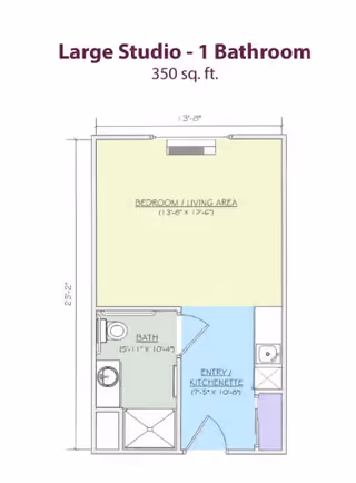 Floor plan of a large studio apartment with one bathroom, totaling 350 square feet. The layout includes a bedroom/living area measuring 13 feet 8 inches by 12 feet 6 inches, a bathroom measuring 5 feet 11 inches by 10 feet 4 inches, and an entry/kitchenette area measuring 7 feet 5 inches by 10 feet 4 inches. The plan shows the placement of fixtures such as a toilet, sink, shower, and kitchenette appliances.