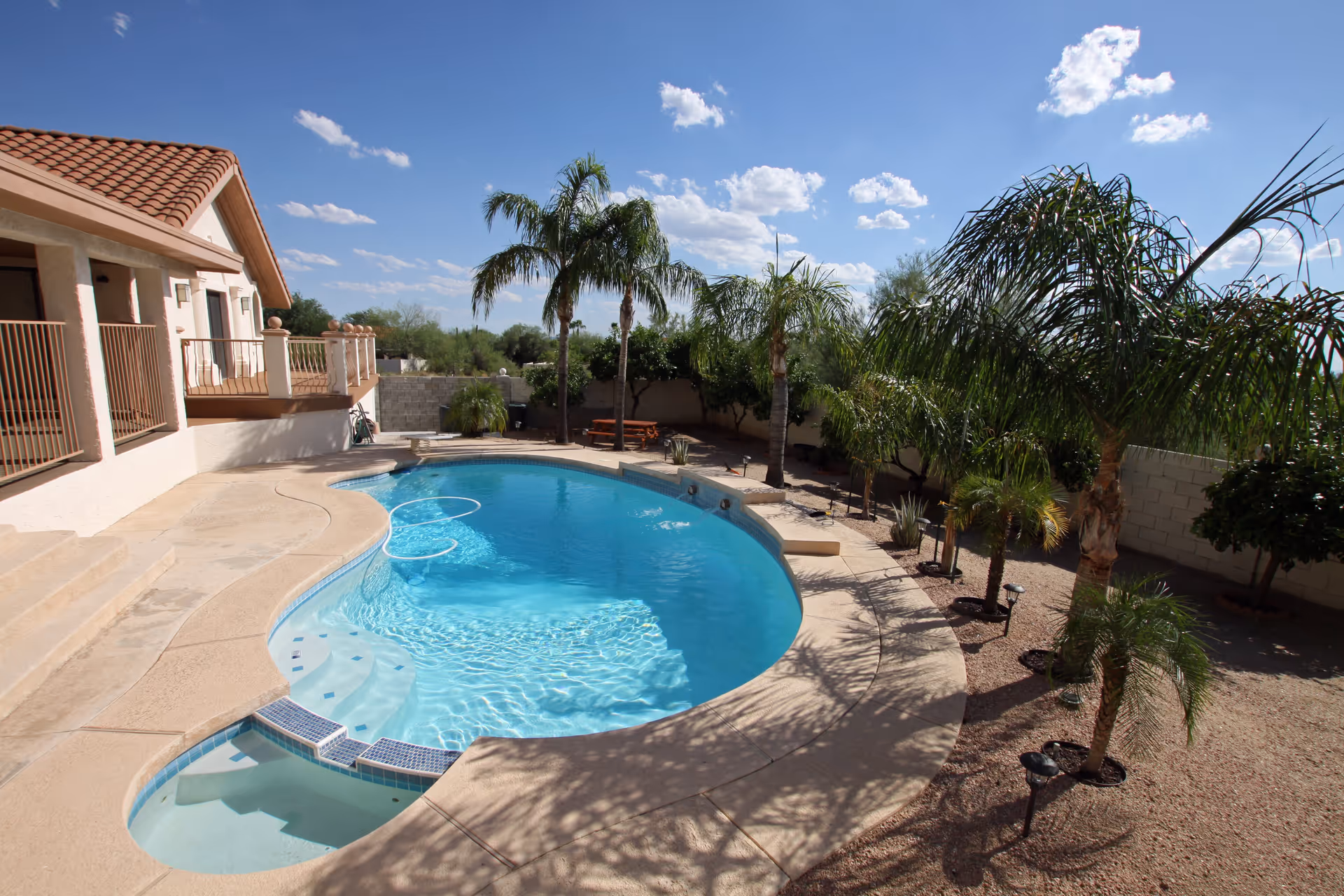 Outdoor swimming pool with clear blue water surrounded by a concrete deck. Several palm trees and other plants are planted around the pool area. A beige building with a tiled roof and balcony is visible on the left side. The sky is clear with a few scattered clouds.