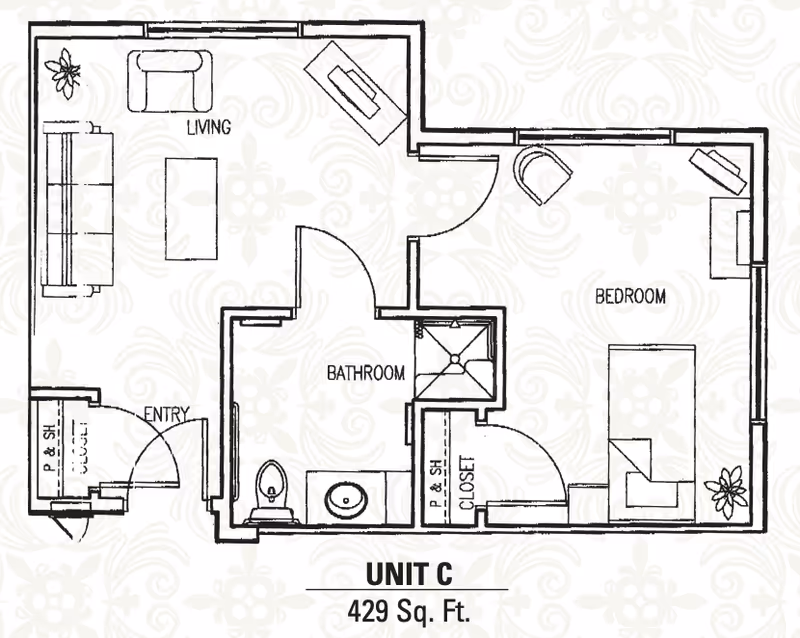 Floor plan of Unit C at Heritage Court showing a 429 square feet layout with labeled areas including an entry, living room with sofa and chair, bathroom with toilet and sink, bedroom with bed and chair, and closets.