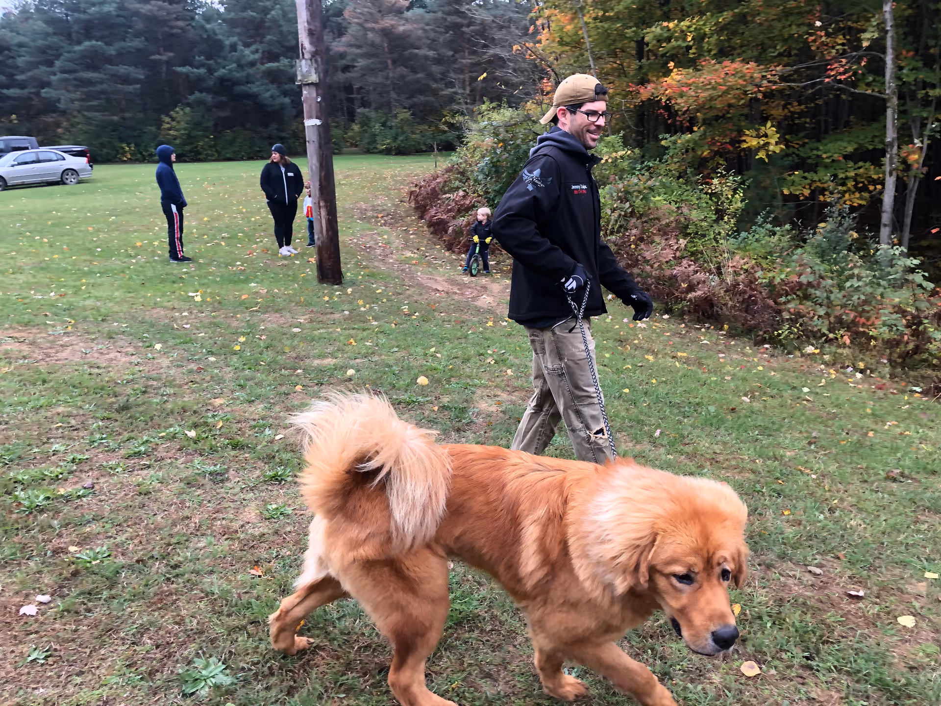 A man walking a large fluffy brown dog on a leash across a grassy field with trees and a few people and parked cars in the background.