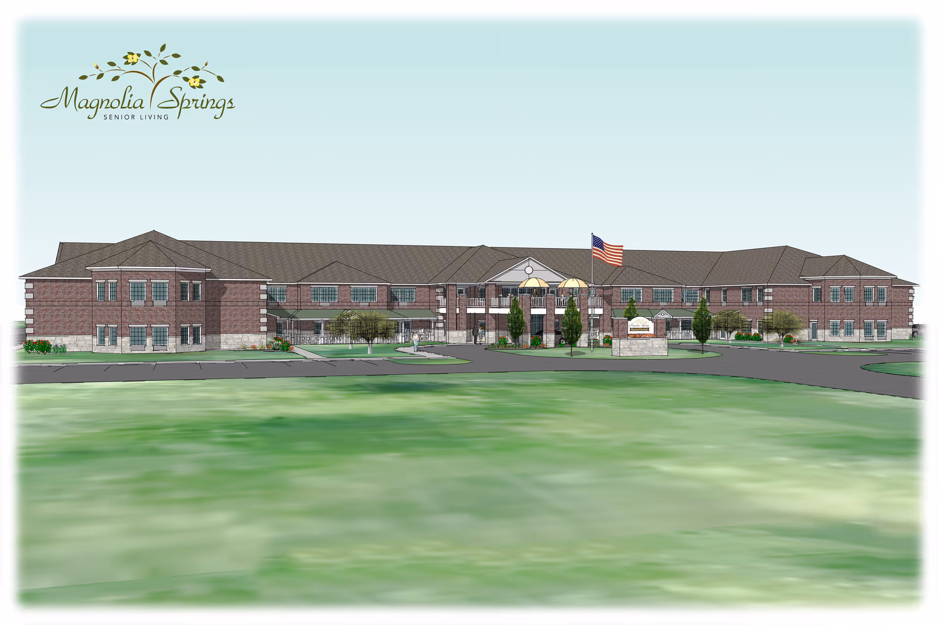 Illustration of the front exterior of a two-story brick senior living facility with an American flag and landscaped driveway.