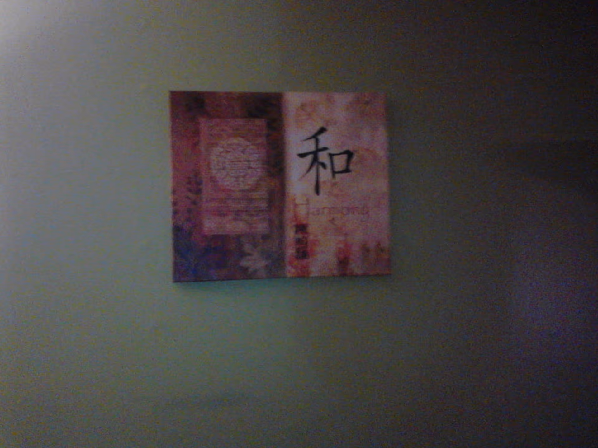 A wall with a decorative framed artwork featuring Asian-inspired design and calligraphy, including the word 'Harmony'. The wall is painted in a muted green color.