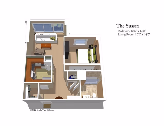 3D floor plan of The Sussex apartment at Bedford Court showing a bedroom with a bed and nightstands, a living room with a sofa, chair, and coffee table, a kitchen with appliances and cabinetry, a bathroom with a shower and toilet, and a small entry area with closets.