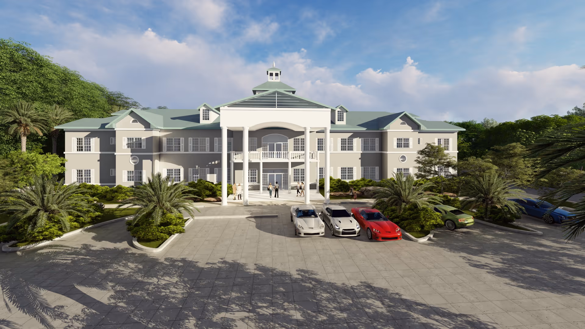 Front entrance of a two-story senior living building with large white columns, palm landscaping, and several parked cars in the driveway.