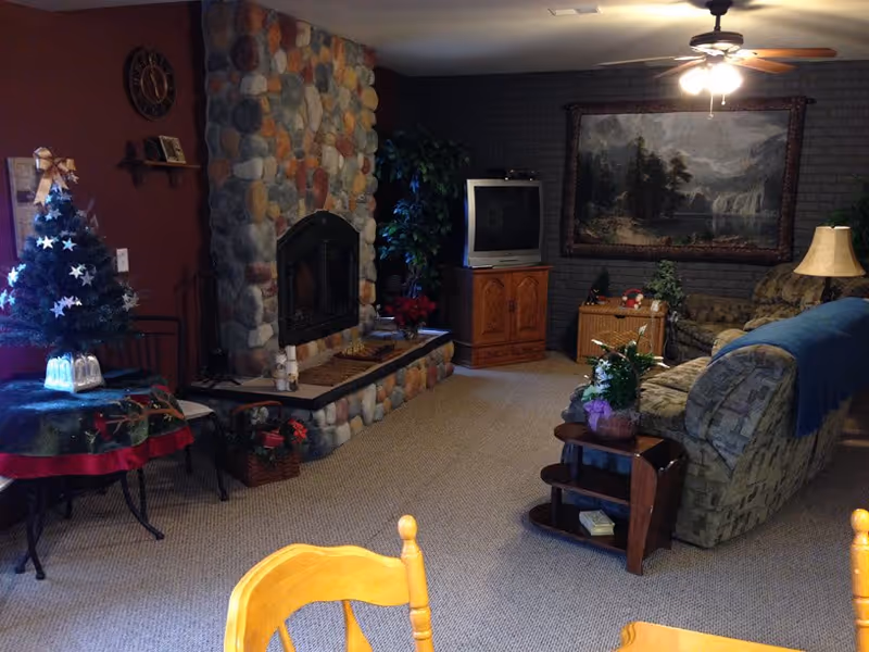 Cozy living room with a stone fireplace, a small decorated Christmas tree on a table, a TV on a wooden stand, a large framed landscape painting on a dark brick wall, a patterned sofa with a blue throw, a side table with a lamp and plants, and carpeted floor.