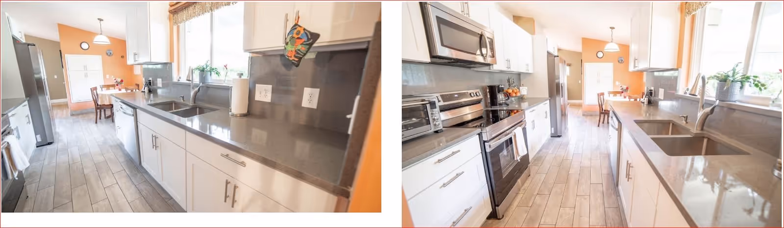 Two side-by-side images showing a modern kitchen with white cabinets, gray countertops, stainless steel appliances including a refrigerator, stove, microwave, and dishwasher. The kitchen has a double sink under a window with plants on the sill, light wood flooring, and an orange accent wall with a dining table and chairs in the background.