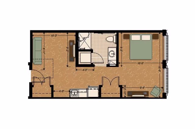 Architectural floor plan of a senior living unit at MorningStar Senior Living of Arvada, showing a layout with a bedroom containing a bed and chair, a bathroom with a shower, toilet, and sink, a living area with a sofa, and a kitchenette.