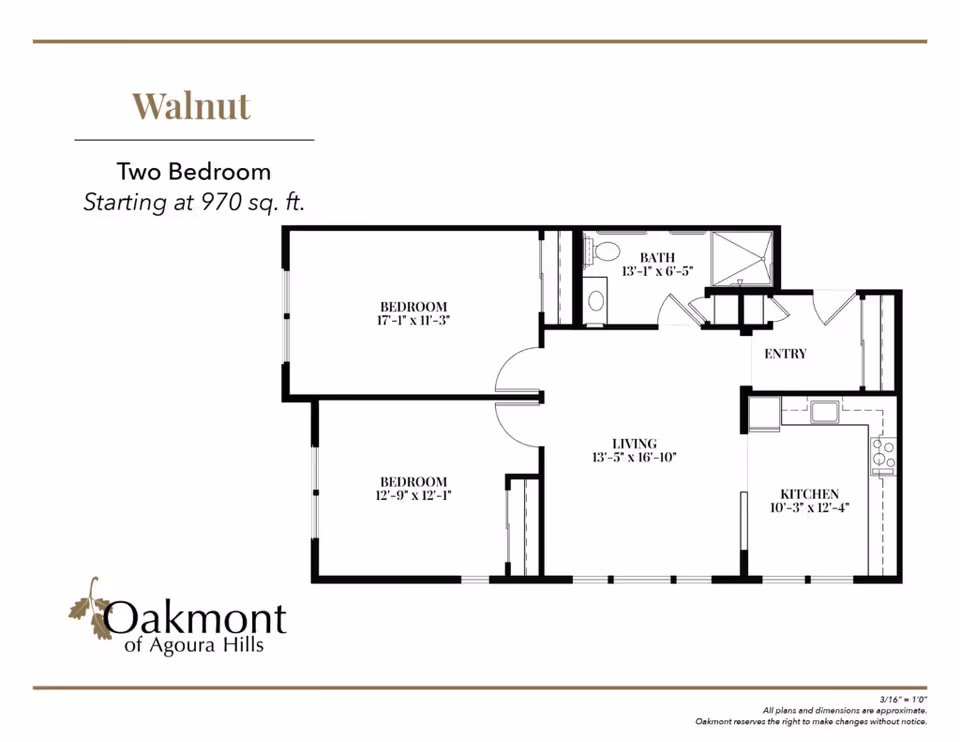 Floor plan of a two-bedroom apartment named Walnut at Oakmont of Agoura Hills, showing dimensions for bedrooms, bath, living room, kitchen, and entry area.