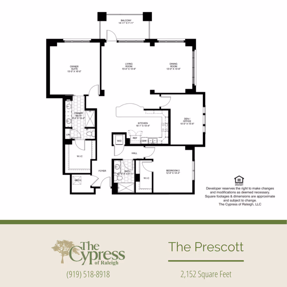 Floor plan layout of The Prescott unit at The Cypress of Raleigh showing an owner suite with bath and walk-in closet, a second bedroom with walk-in closet, two bathrooms, a kitchen, living room, dining room, den/office, foyer, hall, balcony, and mechanical room.