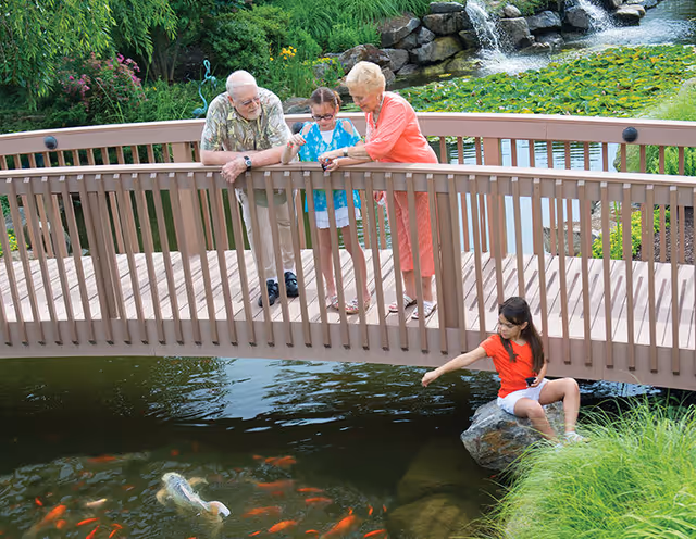Two older adults and two children standing on a wooden footbridge over a landscaped koi pond, with one child sitting on a rock reaching toward the water.