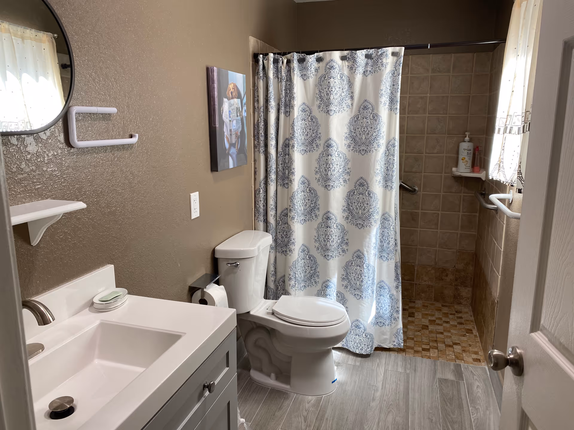 A bathroom with a white sink and vanity on the left, a toilet in the center, and a shower area with a patterned shower curtain on the right. The walls are painted brown, and there is a small window with a curtain near the shower. A round mirror and a small shelf are mounted on the wall above the sink, and a picture of a dog reading a newspaper hangs above the toilet.