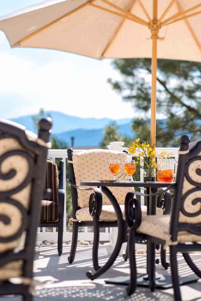 Outdoor patio area with cushioned chairs around a table set with glasses of iced tea and a pitcher, under a large beige umbrella, with trees and mountains in the background.