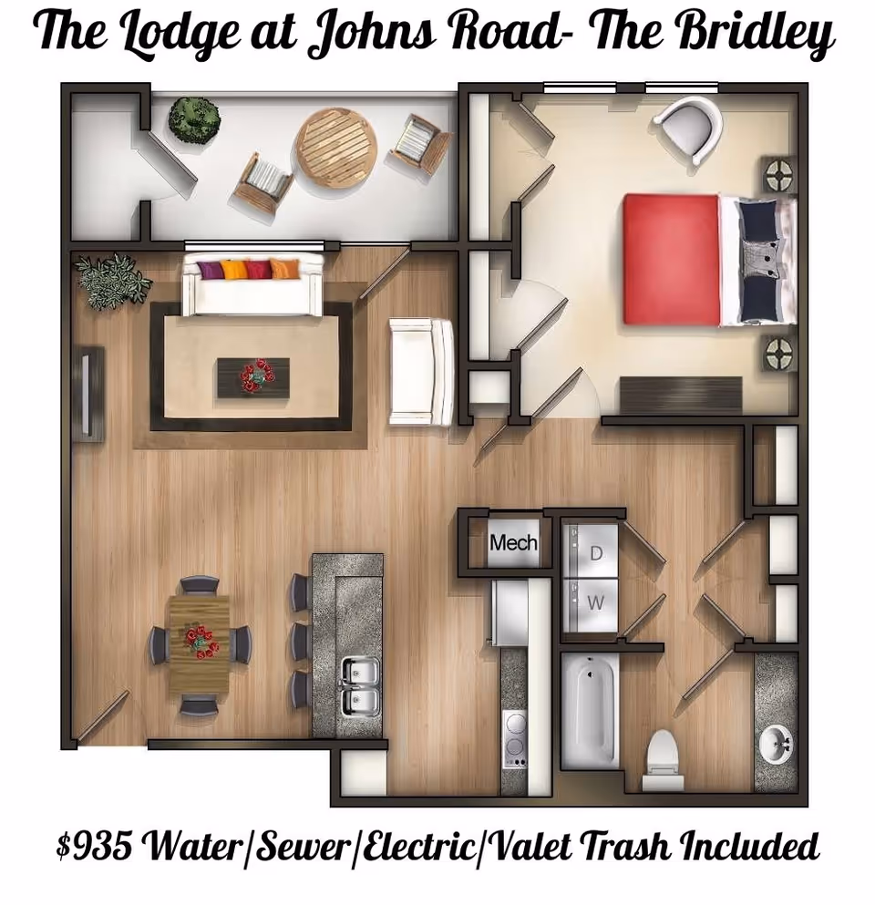 Rendered floor plan of a one-bedroom apartment showing a living room, kitchen/dining area, bedroom, bathroom, laundry, and balcony.