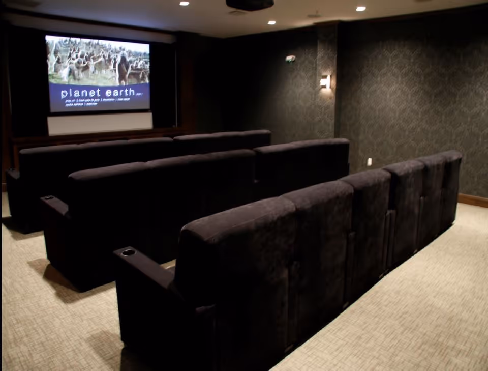 A small theater room with three rows of black cushioned recliner seats facing a large screen displaying the documentary 'Planet Earth'. The room has dark patterned wallpaper and soft lighting on the walls.