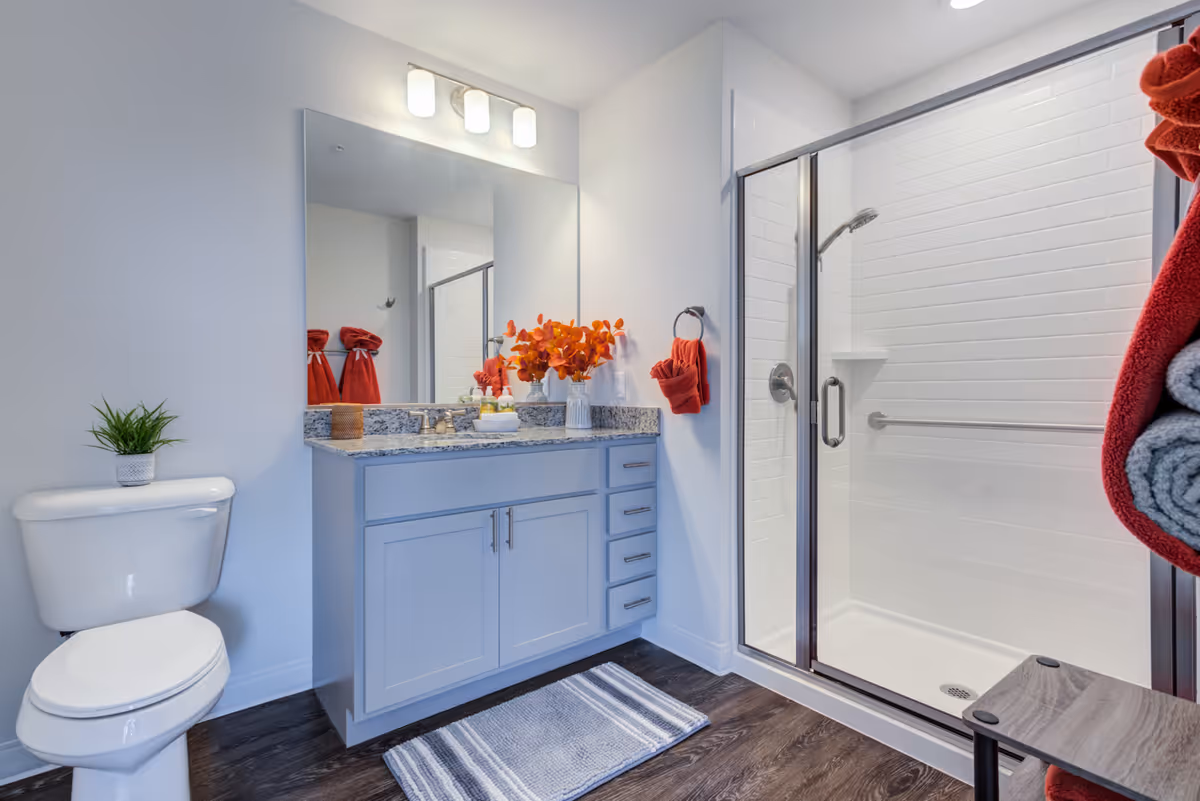 Bright modern bathroom with a vanity and mirror, toilet, glass-enclosed shower, and red towels and accents.