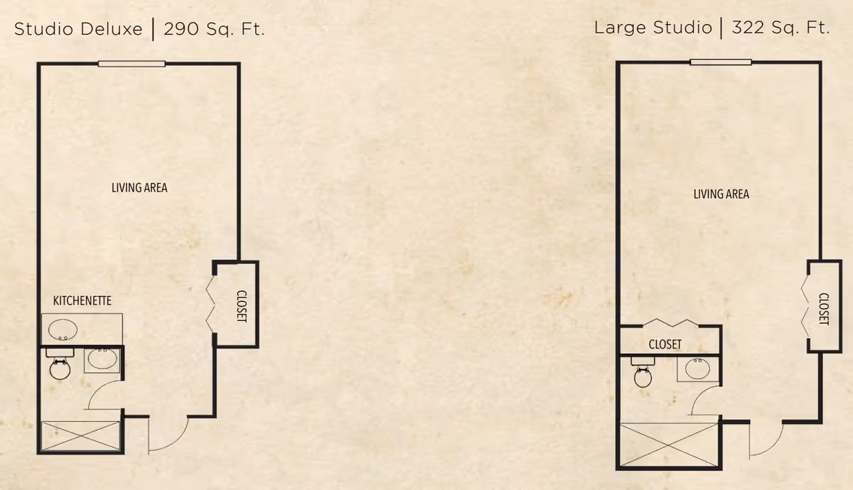 Floor plans for two studio apartments at The Colonnade at Carrollwood. The left plan is a Studio Deluxe with 290 square feet, featuring a kitchenette, bathroom, closet, and living area. The right plan is a Large Studio with 322 square feet, featuring a bathroom, closet, and living area.