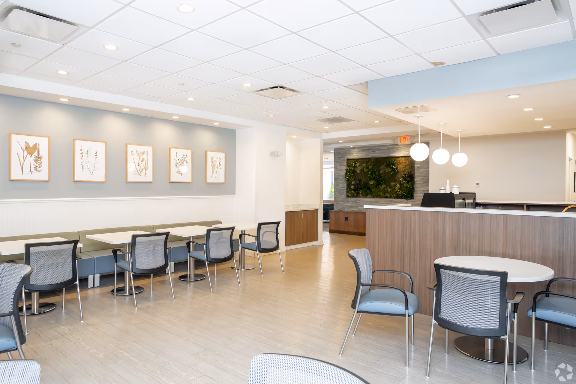 A bright and modern dining area in a senior living community featuring several tables with chairs, a long bench along the wall, framed botanical artwork on a light blue wall, and a reception desk with pendant lights hanging above it.