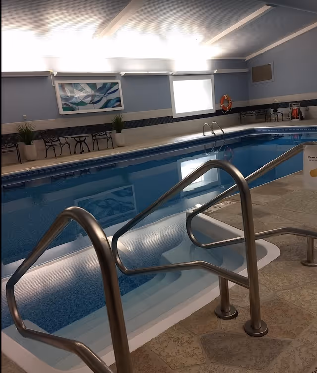Indoor swimming pool with metal handrails leading into the water. The pool area has light blue walls, a large abstract painting, potted plants, and several chairs and tables along the side. There is a life preserver mounted on the wall and a window letting in natural light.