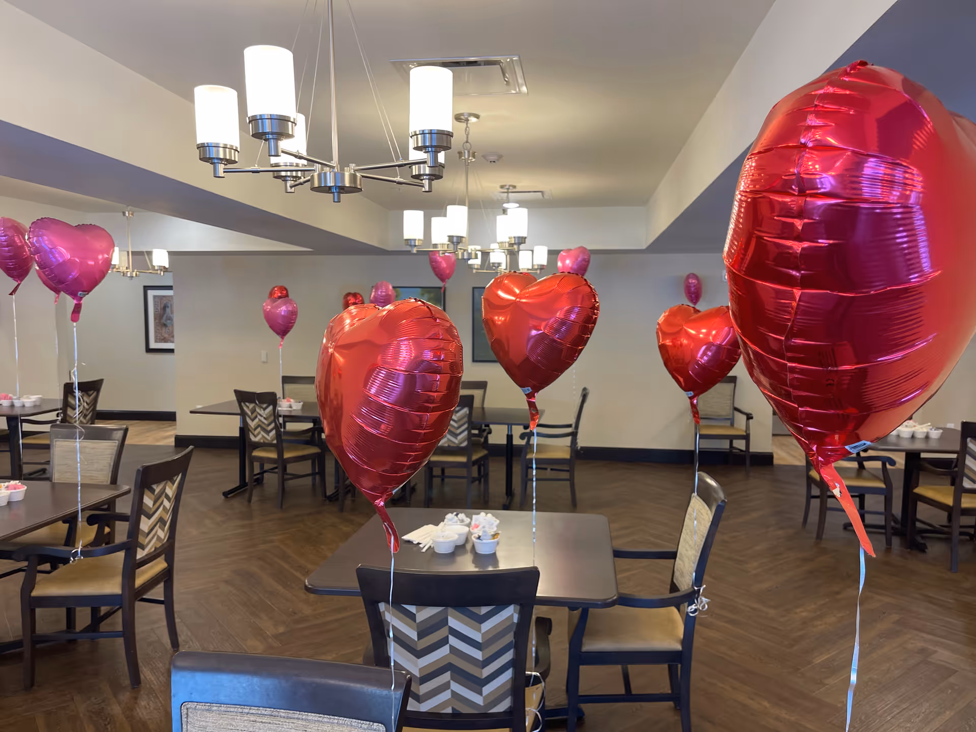 Dining room with multiple tables and chairs, decorated with red and pink heart-shaped balloons tied to the chairs. The room has modern chandeliers and a wooden floor.