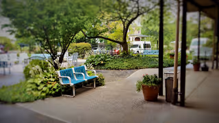 Outdoor seating area with blue benches surrounded by greenery and potted plants, with a covered walkway on the right side and trees and bushes in the background.