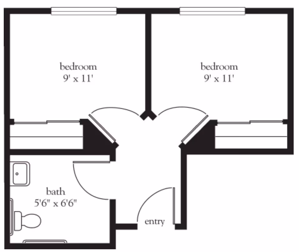 Floor plan showing two bedrooms each measuring 9 feet by 11 feet, a bathroom measuring 5 feet 6 inches by 6 feet 6 inches, and an entry area. The bedrooms are adjacent with doors opening into a small hallway that connects to the bathroom and entry.