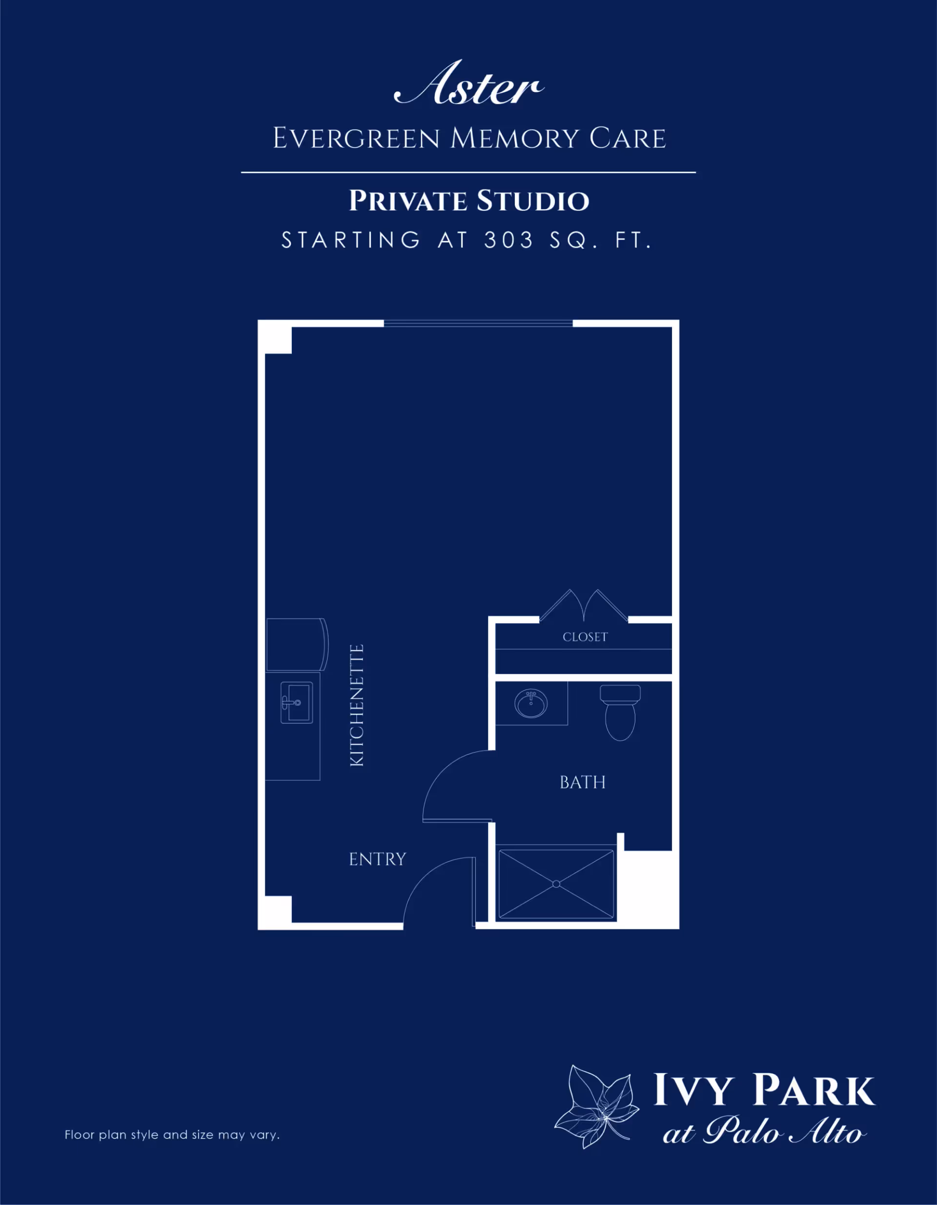 Floor plan of a private studio apartment at Ivy Park at Palo Alto, featuring an entry area, kitchenette, bath with sink, toilet, and shower, and a closet. The studio starts at 303 square feet.