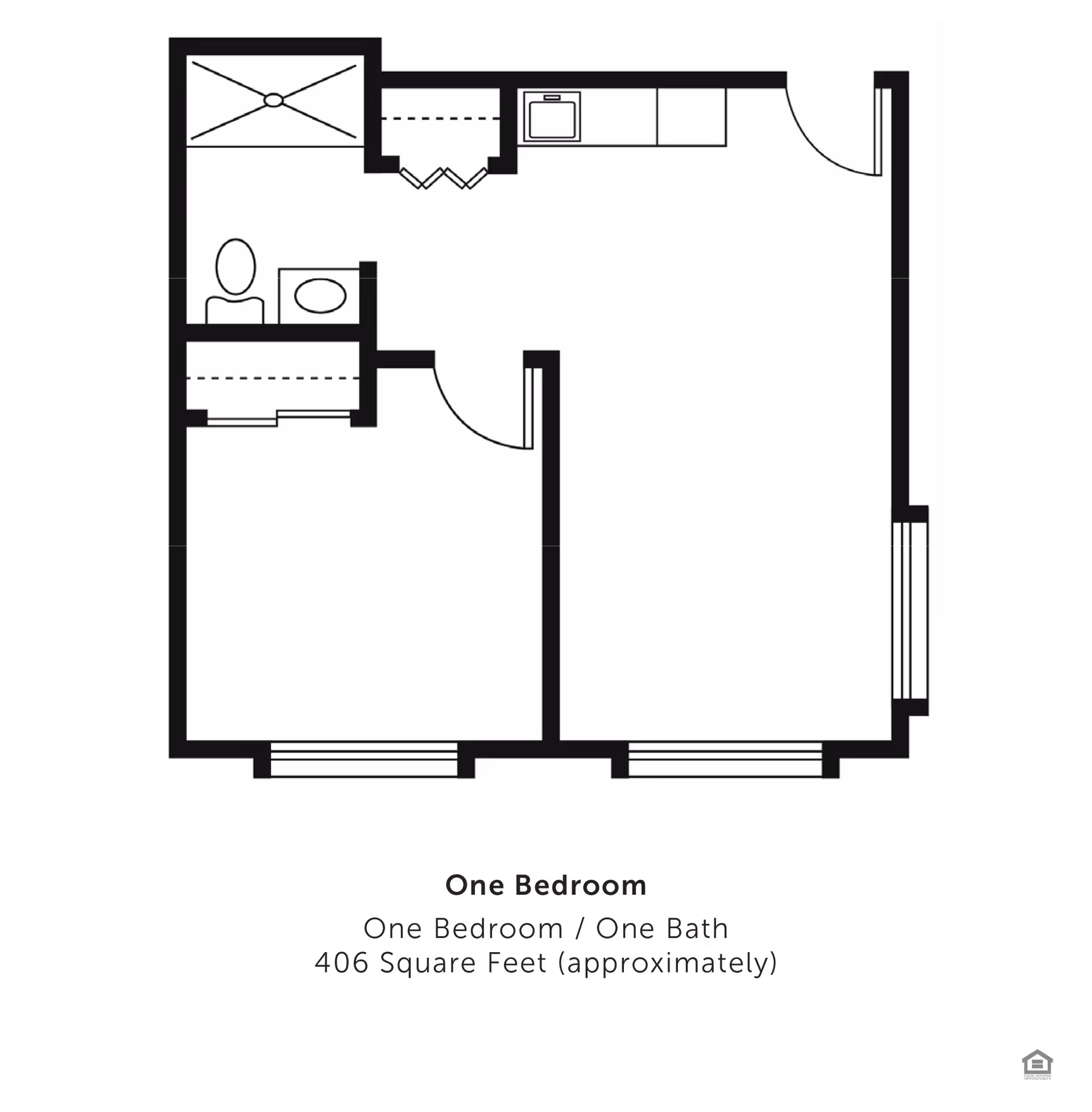 Black-and-white floor plan diagram of a one-bedroom, one-bath apartment layout.