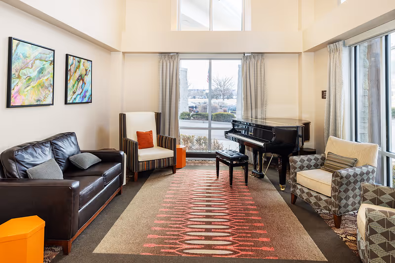 A bright living room with a large window letting in natural light. The room features a black leather sofa with two gray pillows, two patterned armchairs with cushions, a black grand piano with a matching bench, and colorful abstract paintings on the wall. There is a patterned rug on the floor and light-colored curtains framing the window.