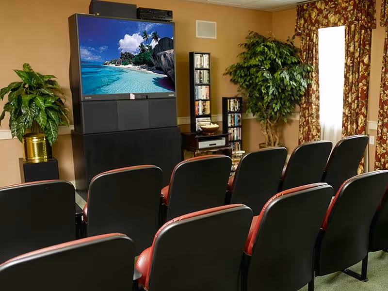 A small theater room with two rows of black and red chairs facing a large television screen displaying a tropical beach scene. The room has beige walls, floral curtains on the windows, two large potted plants, and shelves with DVDs and media equipment.
