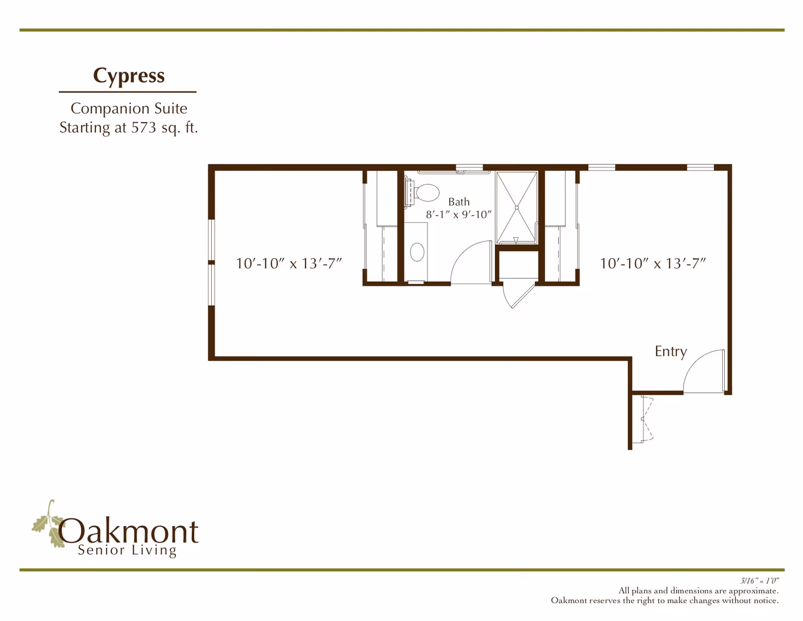 Floor plan of the Cypress Companion Suite at Oakmont Senior Living, starting at 573 square feet, showing two rooms each measuring 10 feet 10 inches by 13 feet 7 inches, a bathroom measuring 8 feet 1 inch by 9 feet 10 inches, and an entry area.