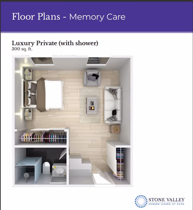 Floor plan for a 300 sq. ft. luxury private memory care unit with shower at Stone Valley Assisted Living & Memory Care. The layout includes a bedroom area with a bed and nightstands, a living area with a sofa, armchair, and coffee table, a closet with hanging clothes, and a bathroom with a shower, toilet, and sink.