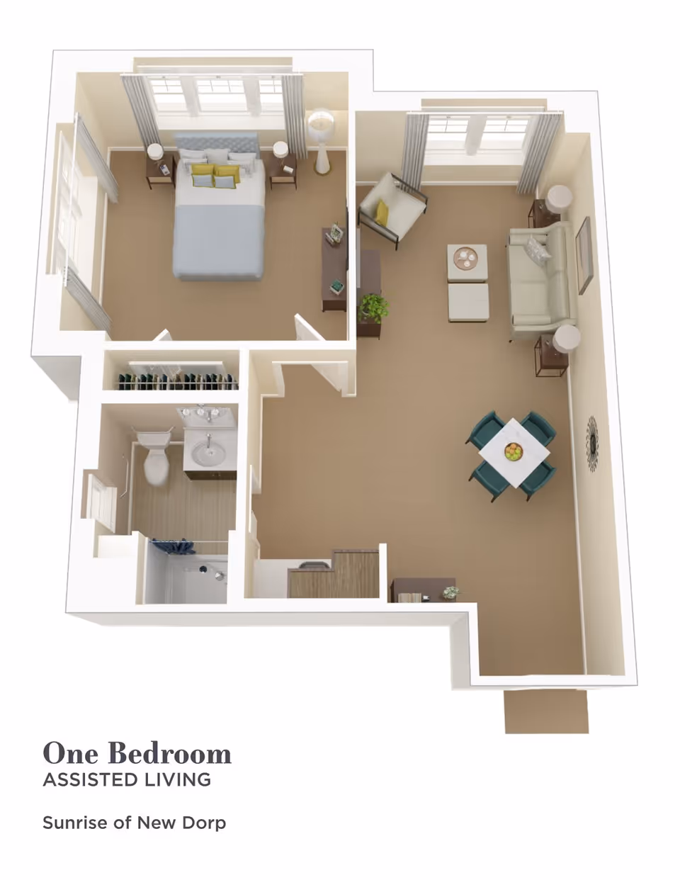 3D floor plan rendering of a one-bedroom assisted living apartment with a bedroom, bathroom, open living/dining area, and kitchenette.